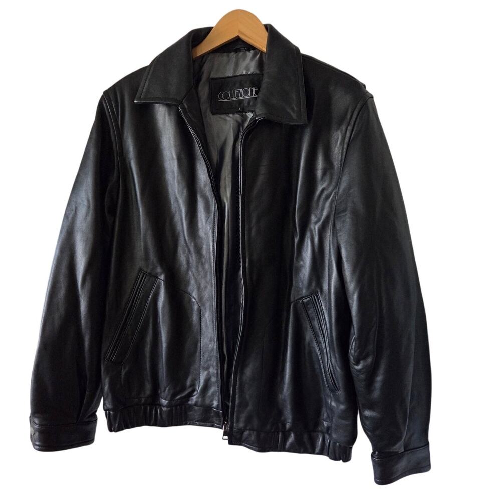 Vintage Collezione SA Black Leather Jacket Large Bomber Zip Up